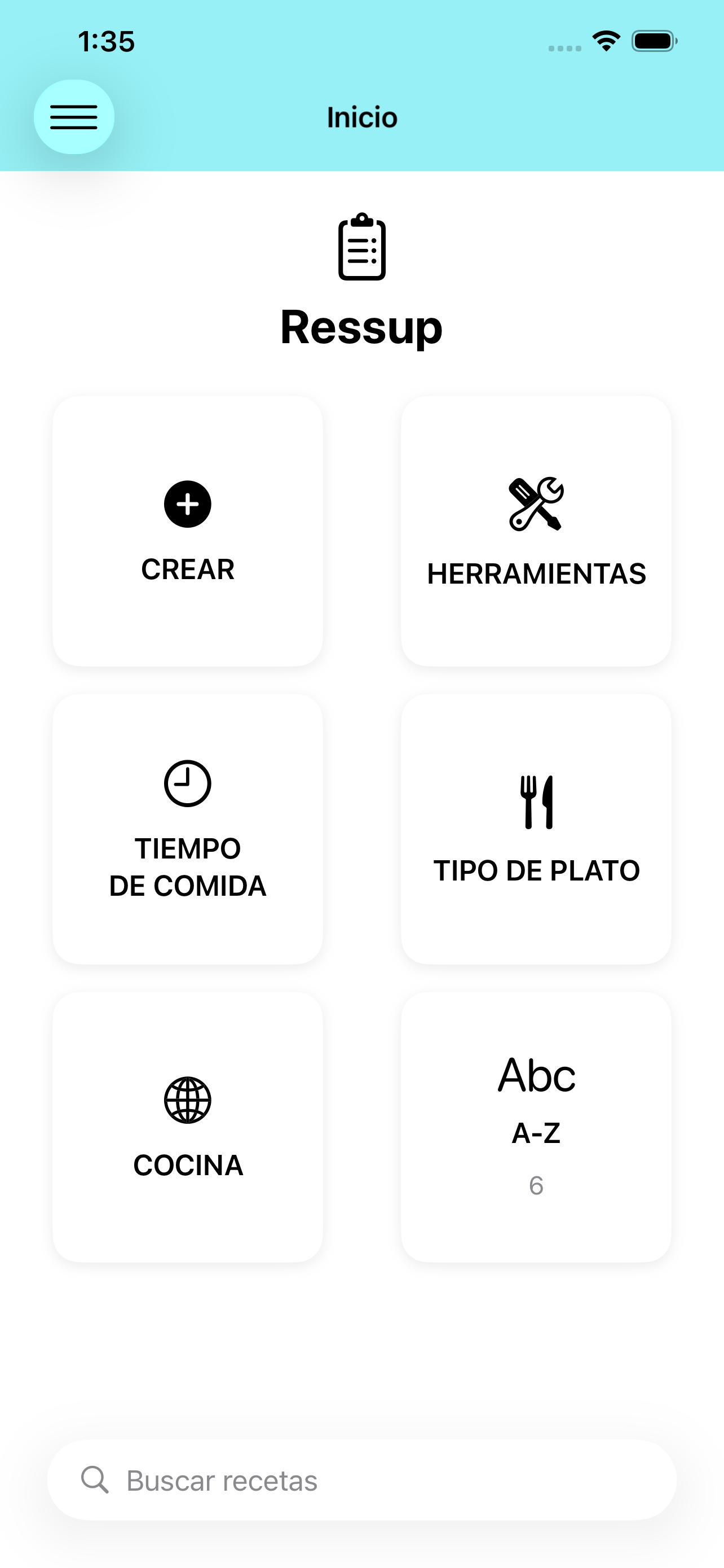 Pantalla de inicio de Ressup con las categorías de recetas