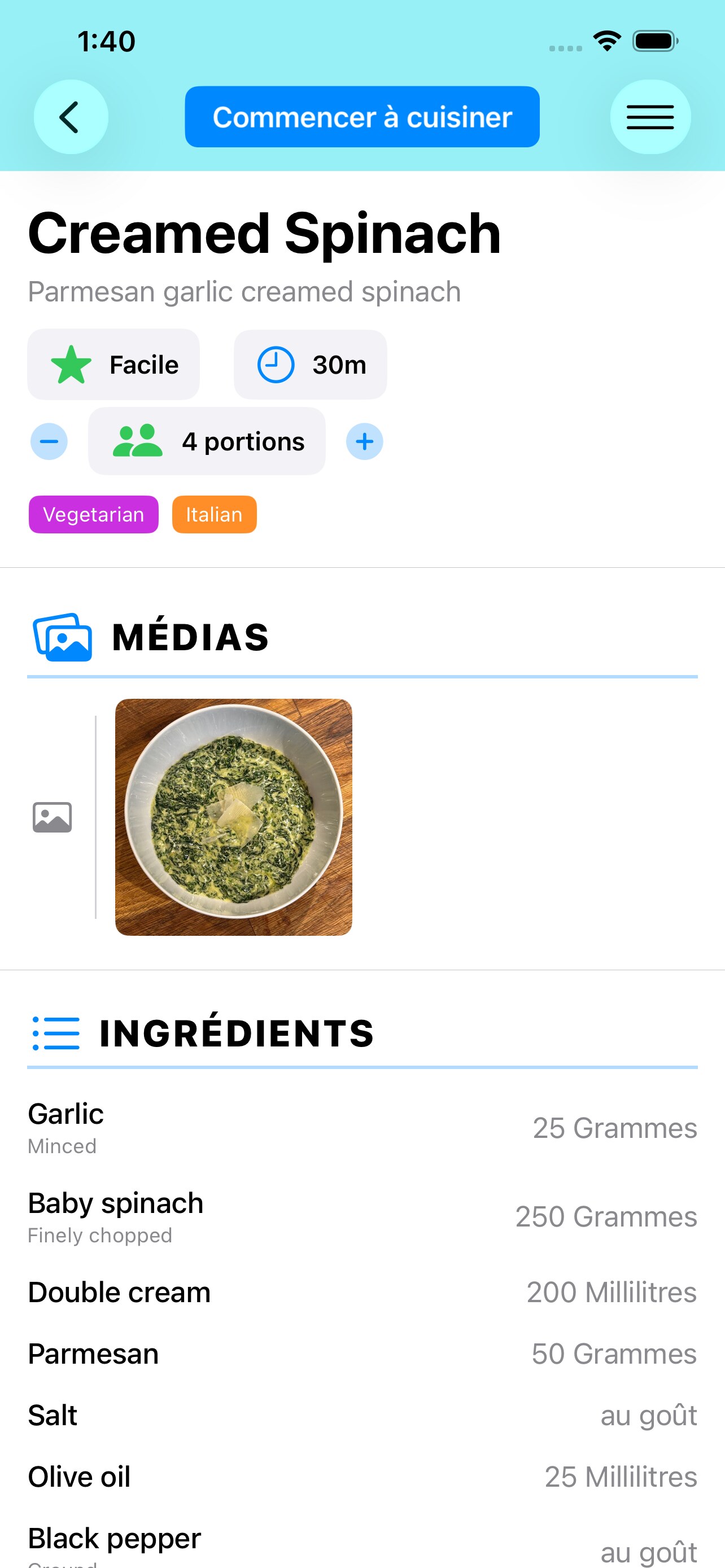 Vue détaillée d'une recette avec ingrédients et étapes