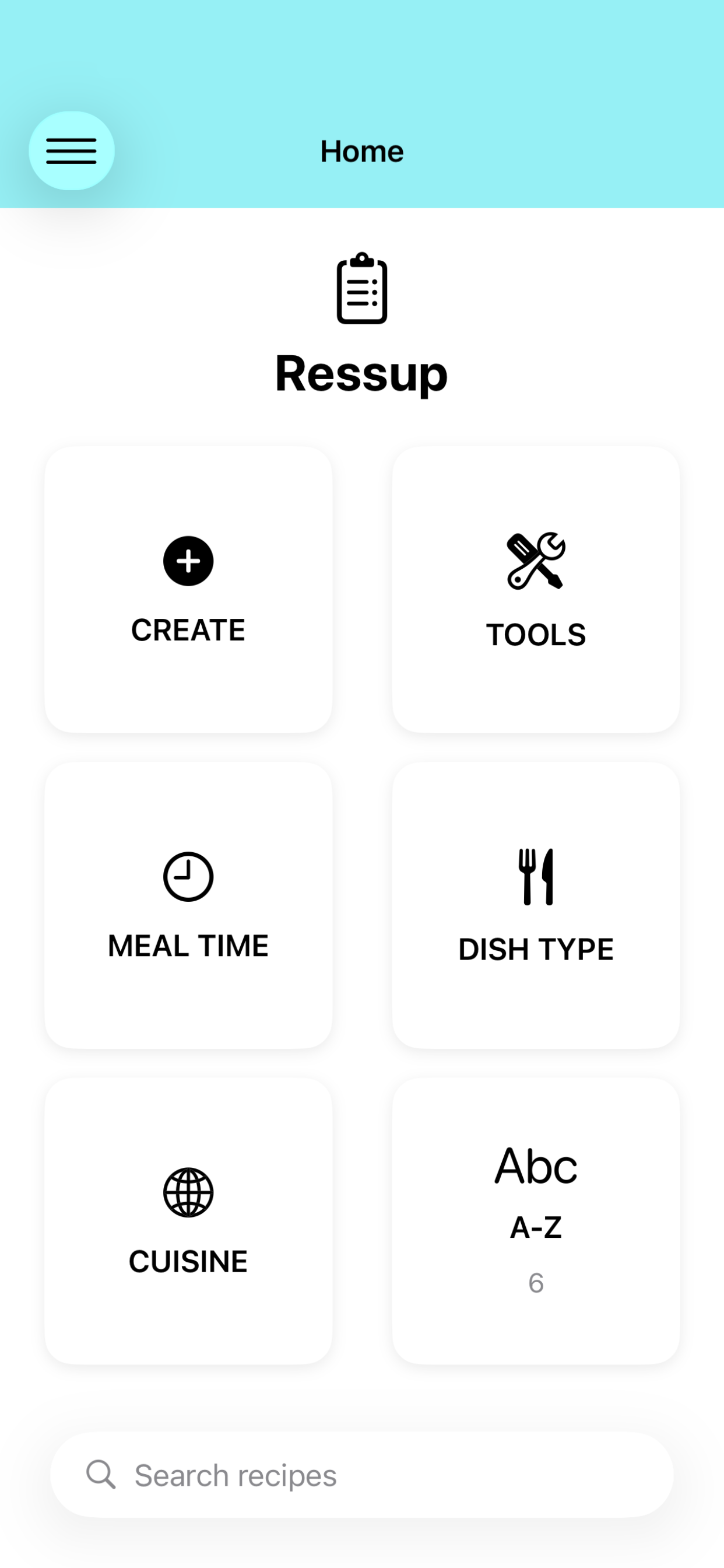 Ressup home screen showing recipe categories