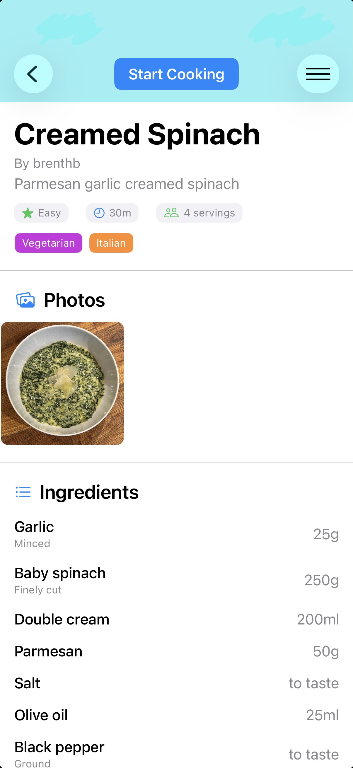 Recipe detail view with ingredients and steps